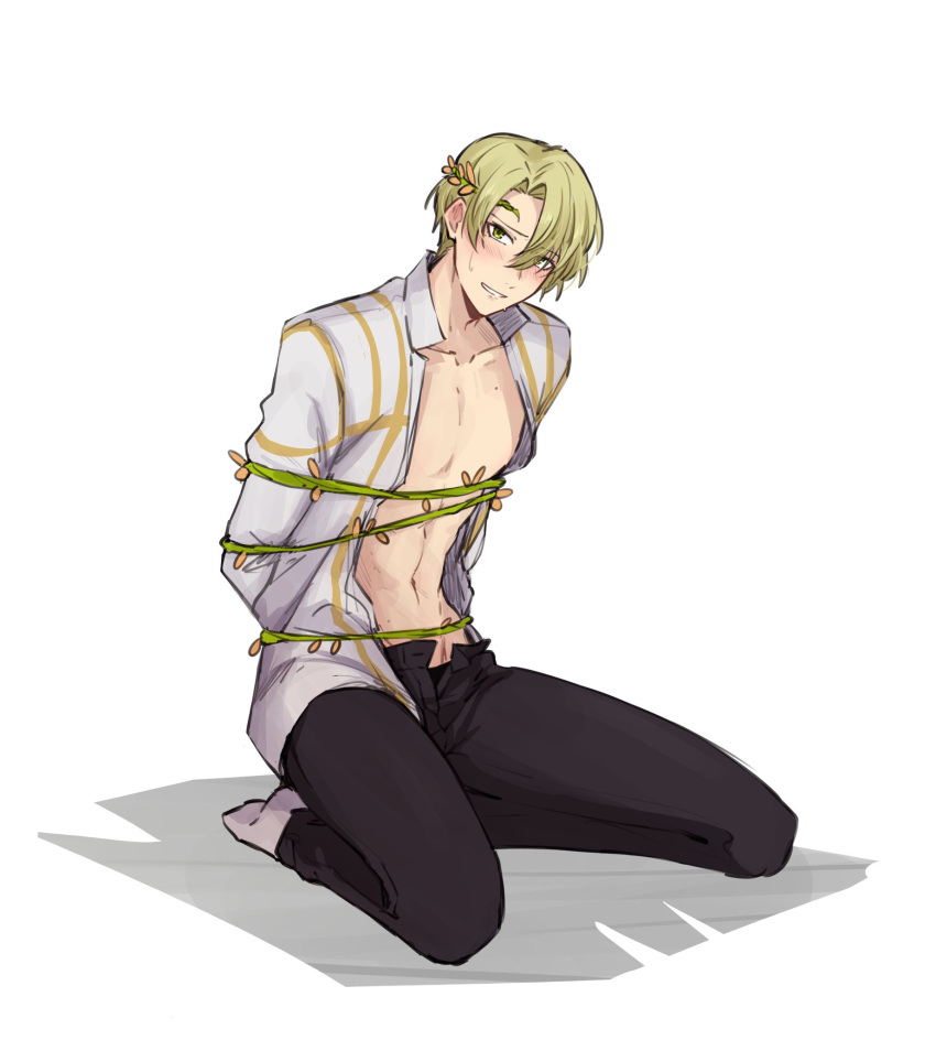 1boy alfred_(fire_emblem) black_pants blonde_hair bondage bondage bound fire_emblem fire_emblem_engage green_hair highres male_focus merylemons pants shirt solo unbuttoned white_shirt