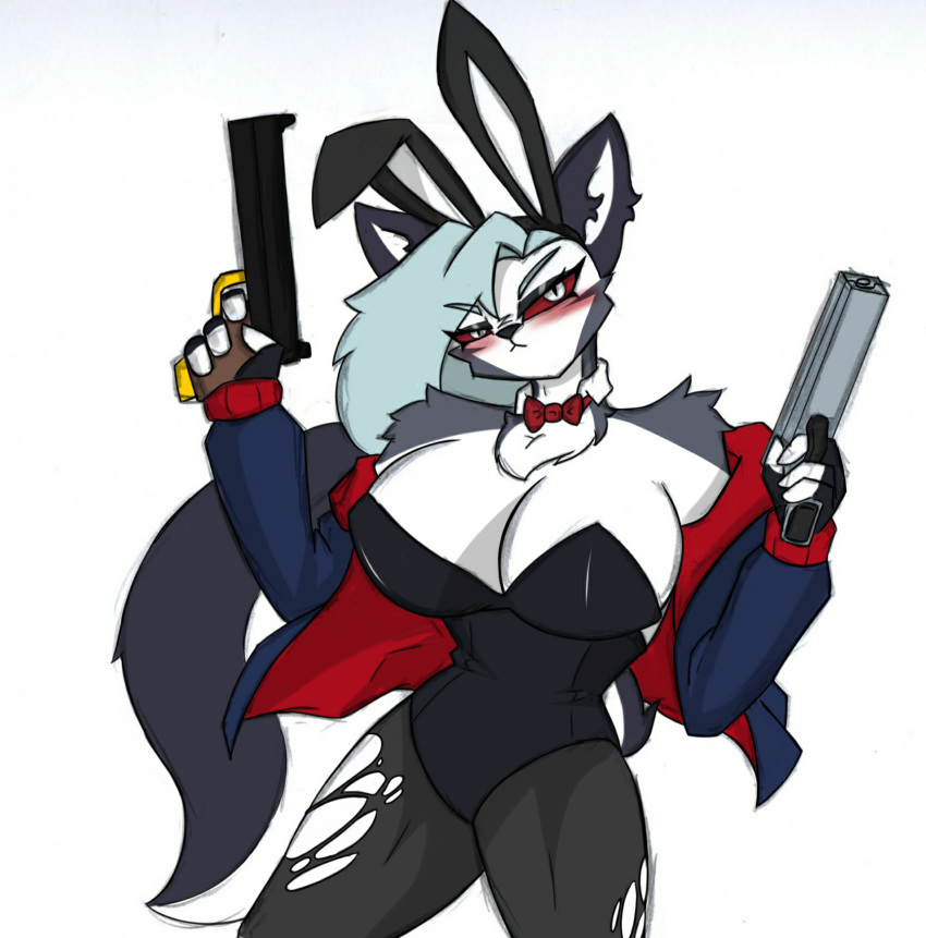 anthro big_breasts blush bow_tie breasts bunny_costume canid canid_demon canine cleavage clothed clothing costume demon dual_wielding female fur grey_body grey_fur grey_hair gun hair handgun hellhound helluva_boss hi_res holding_gun holding_object holding_ranged_weapon holding_weapon huge_breasts looking_at_viewer loona_(helluva_boss) mammal mythological_canine mythological_creature mythology pace-maker pistol playboy playboy_bunny playboy_costume playboy_outfit playboy_suit ranged_weapon red_sclera small_waist solo thick_thighs torn_clothing weapon white_body white_eyes white_fur wide_hips