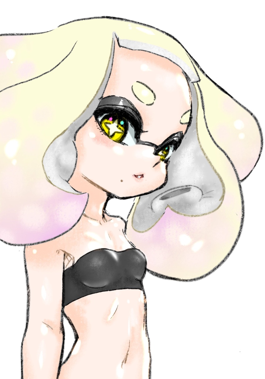 alternate_costume bare_shoulders breasts bright_pupils collarbone commentary_request crop_top eyelashes female gradient_hair highres inkling koharu2.5 medium_hair mole mole_under_mouth multicolored_hair navel parted_lips pearl_(splatoon) pink_hair simple_background skin_tight small_breasts solo splatoon_(series) splatoon_2 star-shaped_pupils star_(symbol) symbol-shaped_pupils teeth tentacle_hair thick_eyebrows two-tone_hair upper_body white_background white_hair white_pupils yellow_eyes