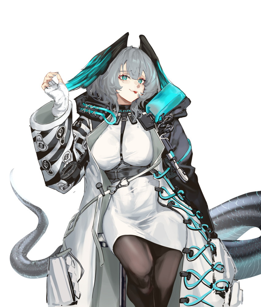 aqua_eyes aqua_wings arknights belt between_breasts black_belt black_pantyhose black_wings breasts coat commentary cowboy_shot dress english_commentary feathered_wings female fingerless_gloves gandy_(gan3e46) gloves grey_hair grey_nails hair_between_eyes head_wings highres ho'olheyak_(arknights) hood hooded_coat infection_monitor_(arknights) knee_up large_breasts long_sleeves looking_at_viewer multicolored_coat open_clothes open_coat pantyhose pencil_dress scales short_dress short_hair sidelocks simple_background snake_tail solo strap_between_breasts tail tongue tongue_out two-tone_coat two-tone_wings very_long_tail white_background white_dress white_gloves wings