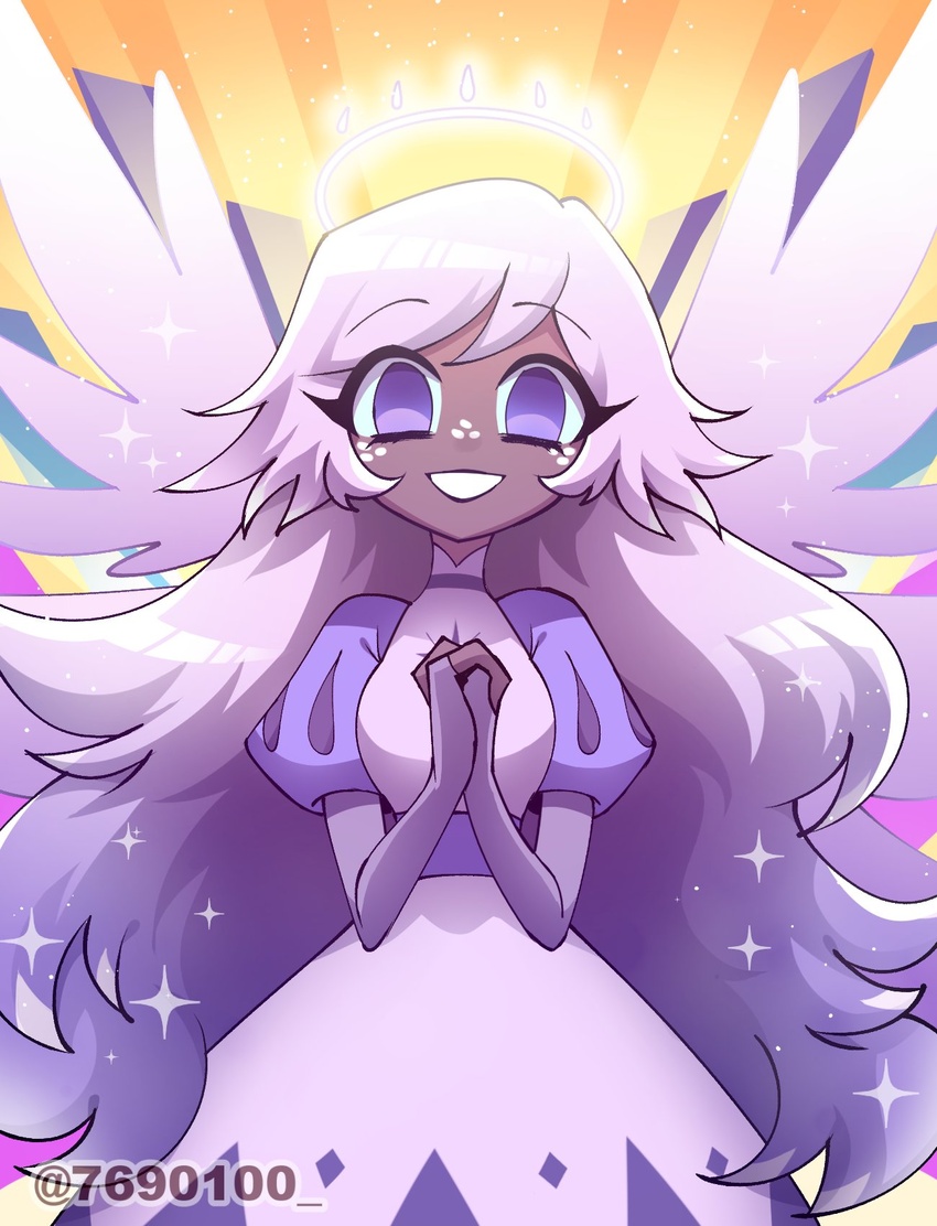 angel angel_wings backlighting colored_skin dress emily_(hazbin_hotel) female fingerless_gloves freckles gloves glowing glowing_halo grey_hair grey_skin halo hazbin_hotel highres long_hair looking_at_viewer menattou multiple_wings purple_eyes smile solo sparkle very_long_hair wings