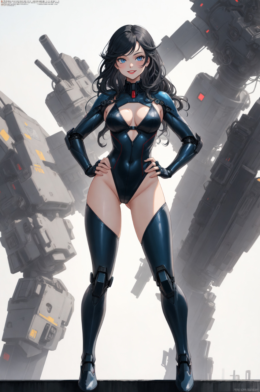 ai-generated confident female heroic highleg highres makeup mecha non-web_source original pilot robot smile