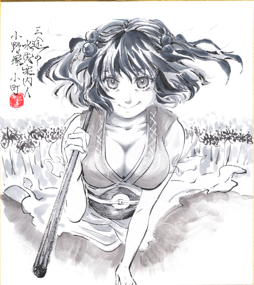 absurdres bad_id bad_pixiv_id bare_shoulders breasts closed_mouth female field flower flower_field greyscale hair_bobbles hair_ornament highres holding holding_scythe large_breasts light_smile looking_at_viewer medium_hair monochrome onozuka_komachi outdoors scythe sleeveless solo touhou yuzuha_(yuzutime)