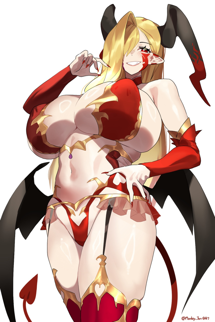 asymmetrical_bangs bare_shoulders blonde_hair breasts center_opening cleavage cosplay demon_horns demon_tail demon_wings detached_sleeves facial_mark fate/grand_order fate_(series) female garter_belt gold_trim grin hair_over_one_eye highleg highleg_leotard highres horns huge_breasts irisviel_von_einzbern irisviel_von_einzbern_(halloween_princess) irisviel_von_einzbern_(halloween_princess)_(cosplay) leotard long_hair looking_at_viewer monkey_jon navel nero_claudius_(fate) pointy_ears queen_draco_(fate) queen_draco_(third_ascension)_(fate) red_eyes red_leotard red_sleeves red_thighhighs sideboob smile solo tail thighhighs thighs wings