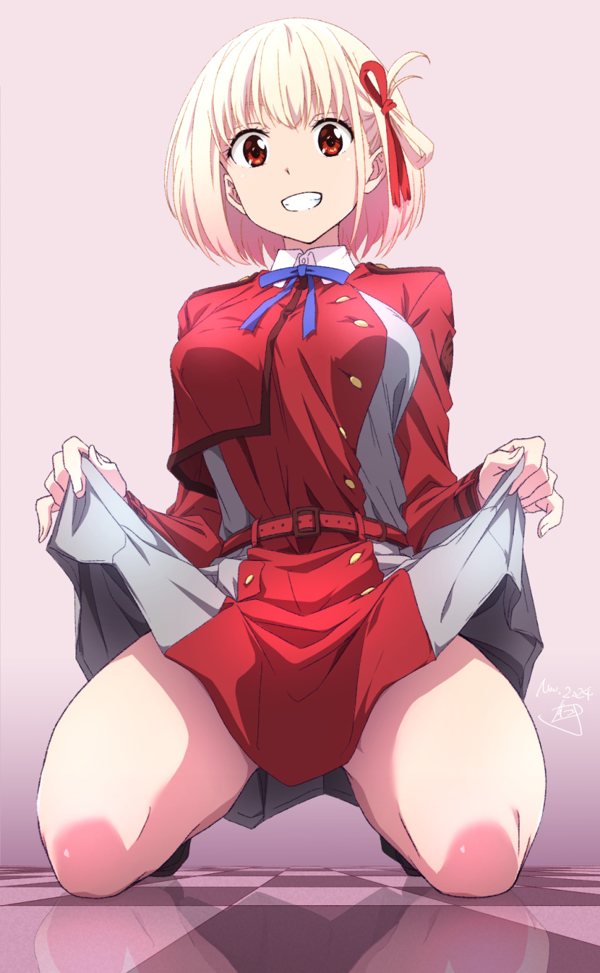 belt blonde_hair blue_ribbon breasts checkered_floor clenched_teeth clothes_lift dated dress dress_lift female grey_dress grin hair_ribbon highres kneeling lifting_own_clothes long_sleeves looking_at_viewer lycoris_recoil lycoris_uniform medium_breasts neck_ribbon nii_manabu nishikigi_chisato pink_background red_belt red_dress red_eyes red_ribbon reflection ribbon short_hair signature smile solo teeth thighs two-tone_dress