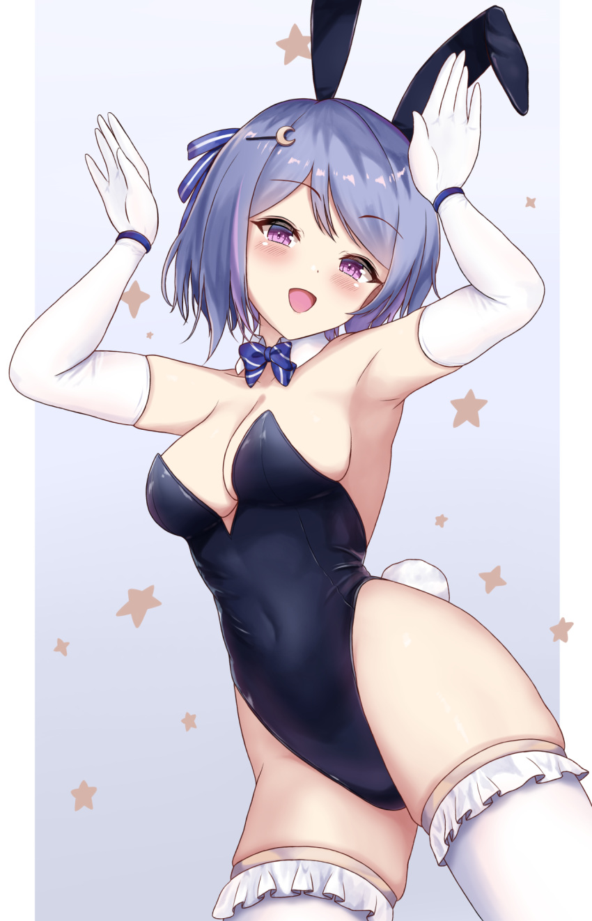 :d animal_ears armpits arms_up black_leotard blue_background blue_bow blue_bowtie blue_hair blush bow bowtie breasts collar contrapposto covered_navel cowboy_shot crescent crescent_hair_ornament detached_collar elbow_gloves fake_animal_ears female frilled_thighhighs frills gloves hair_ornament hair_ribbon hairclip head_tilt highleg highleg_leotard highres hoshikuzu_yozora indie_virtual_youtuber leotard looking_at_viewer medium_breasts multicolored_hair namako32 open_mouth outside_border pillarboxed pink_eyes playboy_bunny rabbit_ears rabbit_pose rabbit_tail ribbon short_hair simple_background skindentation smile solo star_(symbol) strapless strapless_leotard streaked_hair striped_bow striped_bowtie striped_clothes striped_ribbon swept_bangs tail thighhighs virtual_youtuber white_collar white_gloves white_thighhighs