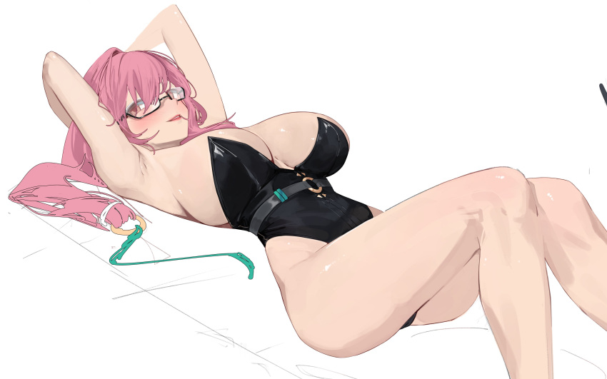 absurdres armpits arms_up black_leotard breasts female glasses hair_between_eyes highres jaihu large_breasts leotard long_hair looking_at_viewer lying on_back pink_eyes pink_hair solo strapless strapless_leotard thighs tsukishiro_yanagi zenless_zone_zero