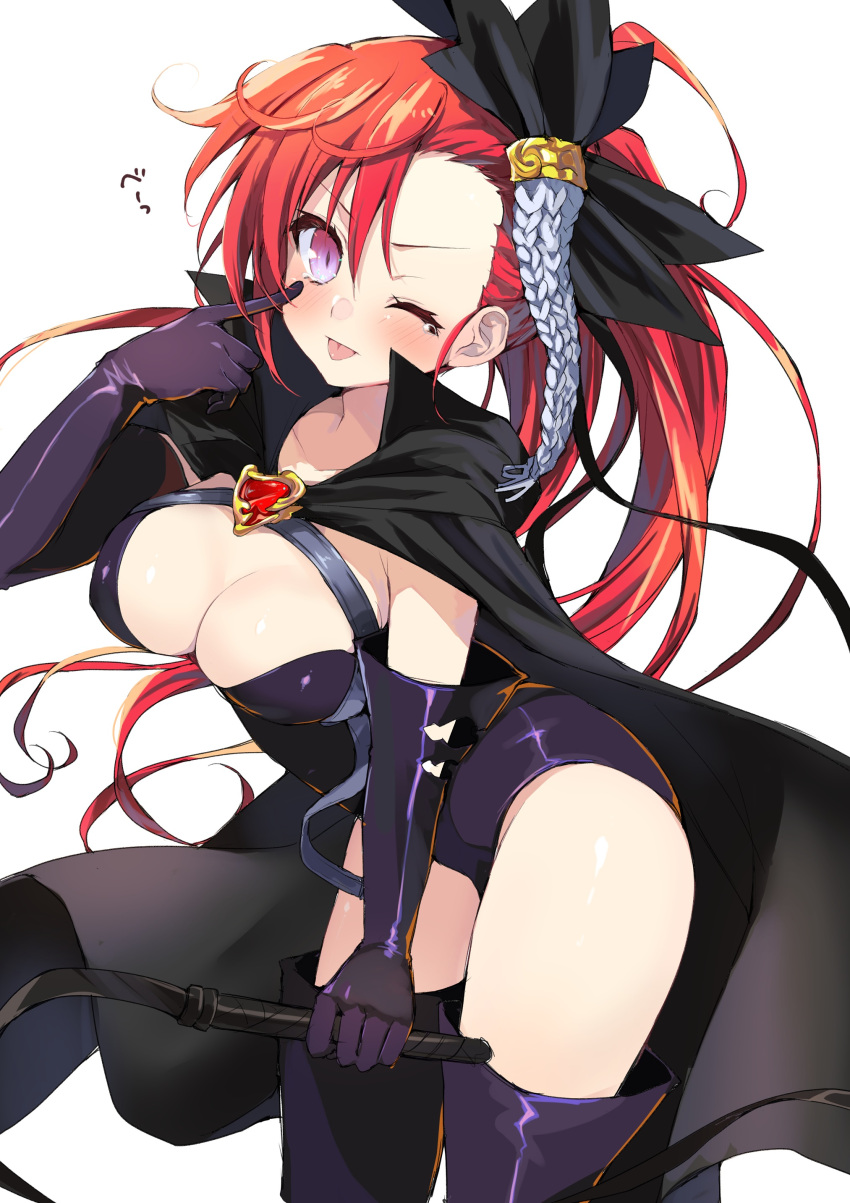 absurdres bare_legs bent_over black_cape black_gloves bow breasts cape cleavage female finger_to_cheek gloves hairbow highres holding holding_whip large_breasts long_hair looking_at_viewer one_eye_closed purple_eyes rance_(series) red_hair satella_(rance) solo takepoison thighs tongue tongue_out