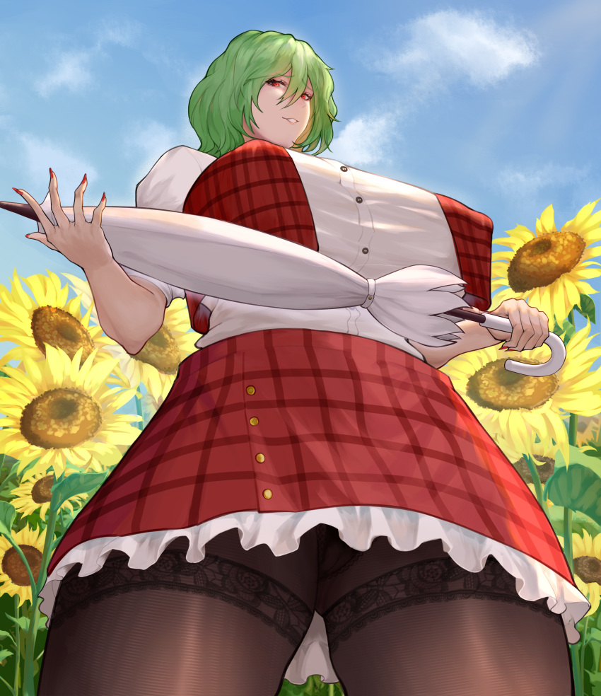 absurdres black_pantyhose blue_sky breasts buttons closed_umbrella cowboy_shot day dress_shirt eversatellites female field flower flower_field frilled_skirt frills from_below green_hair hair_between_eyes highres holding holding_umbrella huge_breasts kazami_yuuka leaf looking_at_viewer looking_back open_clothes open_mouth open_vest outdoors pantyhose puffy_short_sleeves puffy_sleeves red_eyes red_skirt red_vest shirt short_hair short_sleeves skirt sky solo sunflower touhou umbrella vest white_shirt white_umbrella yellow_flower