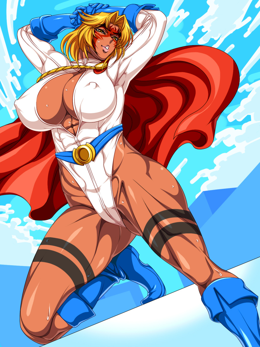 abs blonde_hair breasts cape cosplay crossover dark_skin dc_comics facial_tattoo ginnyo gloves highres large_breasts lilith-soft long_hair muscular muscular_female power_girl power_girl_(1976_costume) power_girl_(cosplay) power_lady taimanin_(series) taimanin_asagi tan tattoo