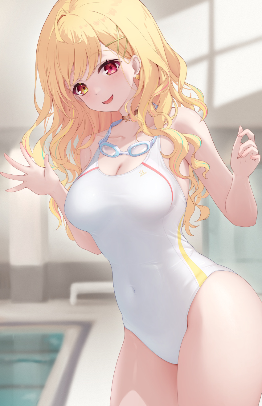 absurdres ahoge blonde_hair blue_hair breasts choker cleavage covered_navel earrings female goggles goggles_around_neck hair_ornament hairclip heterochromia highres hoshikawa_sara indoors jdnyang jewelry large_breasts long_hair looking_at_viewer multicolored_hair nijisanji one-piece_swimsuit open_mouth pool poolside red_eyes smile solo streaked_hair swimsuit thighs virtual_youtuber waving white_one-piece_swimsuit x_hair_ornament yellow_choker yellow_eyes