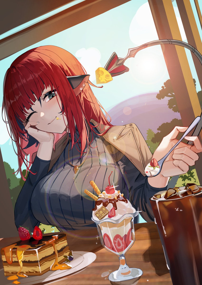 absurdres animal_ears black_jacket blue_sky blush breasts cake cake_slice cheese closed_mouth female food green_eyes hand_on_own_cheek hand_on_own_face highres holding holding_spoon ice_cream indoors jacket jane_doe_(zenless_zone_zero) jewelry large_breasts looking_at_viewer maanu mouse_ears mouse_girl mouse_tail necklace official_alternate_costume one_eye_closed shadow sitting sky smile solo spoon sunlight table tail wig zenless_zone_zero