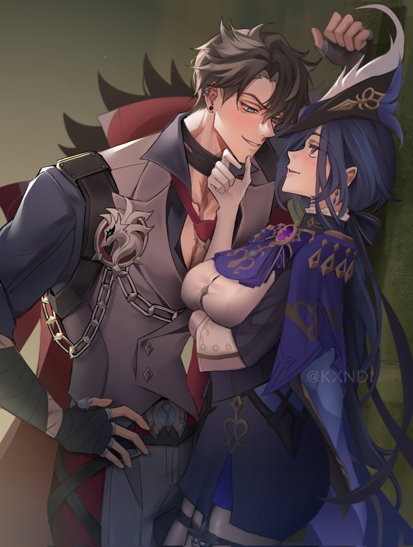 1boy arm_under_breasts arm_up ascot bandaged_arm bandaged_neck bandages black_bandages black_hair blue_eyes blue_hair breasts capelet clorinde_(genshin_impact) coat coat_on_shoulders cowboy_shot dark_blue_hair ear_piercing earrings electro_symbol_(genshin_impact) english_commentary epaulettes eye_contact face-to-face female fingerless_gloves fold-over_gloves garter_straps genshin_impact gloves grey_hair hair_between_eyes hand_on_another's_chin hand_on_own_hip hat height_difference highres imminent_kiss jewelry kabedon kxndi light_blush long_hair looking_at_another multicolored_hair multiple_scars necktie pants pantyhose parted_lips pencil_skirt piercing purple_ascot purple_eyes red_necktie scar scar_on_arm scar_on_chest scar_on_neck seductive_smile shirt short_hair skirt smile straight stroking_another's_chin stud_earrings tricorne two-tone_hair very_long_hair vest vision_(genshin_impact) wriothesley_(genshin_impact)