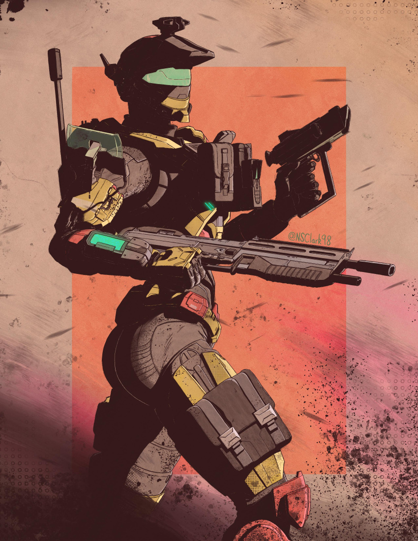 absurdres ammunition_pouch ass assault_visor asymmetrical_dual_wielding black_gloves border dual_wielding facing_viewer female gloves grey_border gun halo_(series) halo_infinite helmet highres holding holding_gun holding_weapon nsclark98 pouch red_background science_fiction shadow solo spartan_(halo) trigger_discipline twitter_username weapon