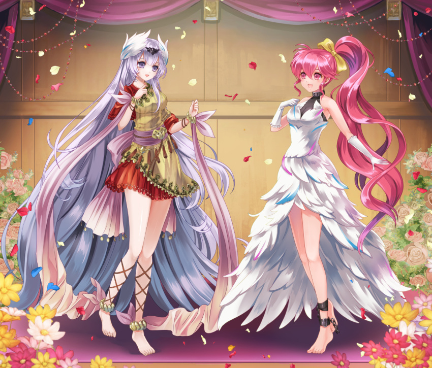 2girls :d absurdly_long_hair akuru_(akr369akr) alternate_costume anklet barefoot bow bracelet breasts chains cleavage commentary_request commission cosplay costume_switch dress elbow_gloves feather_dress feather_hair_ornament feathers fire_emblem fire_emblem:_new_mystery_of_the_emblem fire_emblem_engage flower full_body gloves hair_ornament hairbow hand_up hands_up jewelry long_hair looking_at_another medium_breasts multiple_girls open_mouth phina_(fire_emblem) phina_(fire_emblem)_(cosplay) pink_eyes pink_hair ponytail purple_eyes purple_hair red_dress red_flower skeb_commission smile standing very_long_hair veyle_(fire_emblem) veyle_(fire_emblem)_(cosplay) white_dress white_gloves yellow_bow yellow_dress yellow_flower