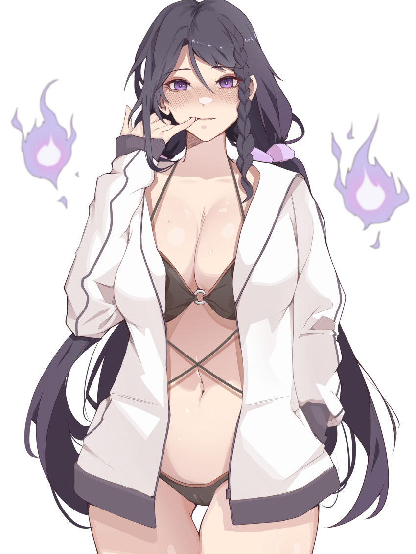 absurdres ass_visible_through_thighs bikini black_bikini black_hair blush braid breasts cleavage closed_mouth commentary_request female fire front_braid hair_between_eyes hand_up highres jacket joonmogoo korean_commentary large_breasts long_hair low_twintails navel open_clothes open_jacket original purple_fire pyrokinesis simple_background smile solo standing swimsuit thighs twintails white_background white_jacket