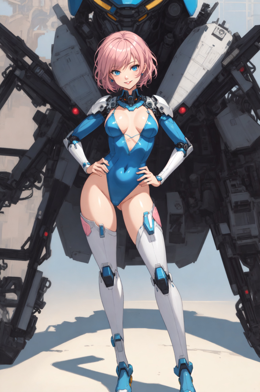 ai-generated confident female heroic highleg highres makeup mecha non-web_source original pilot robot smile