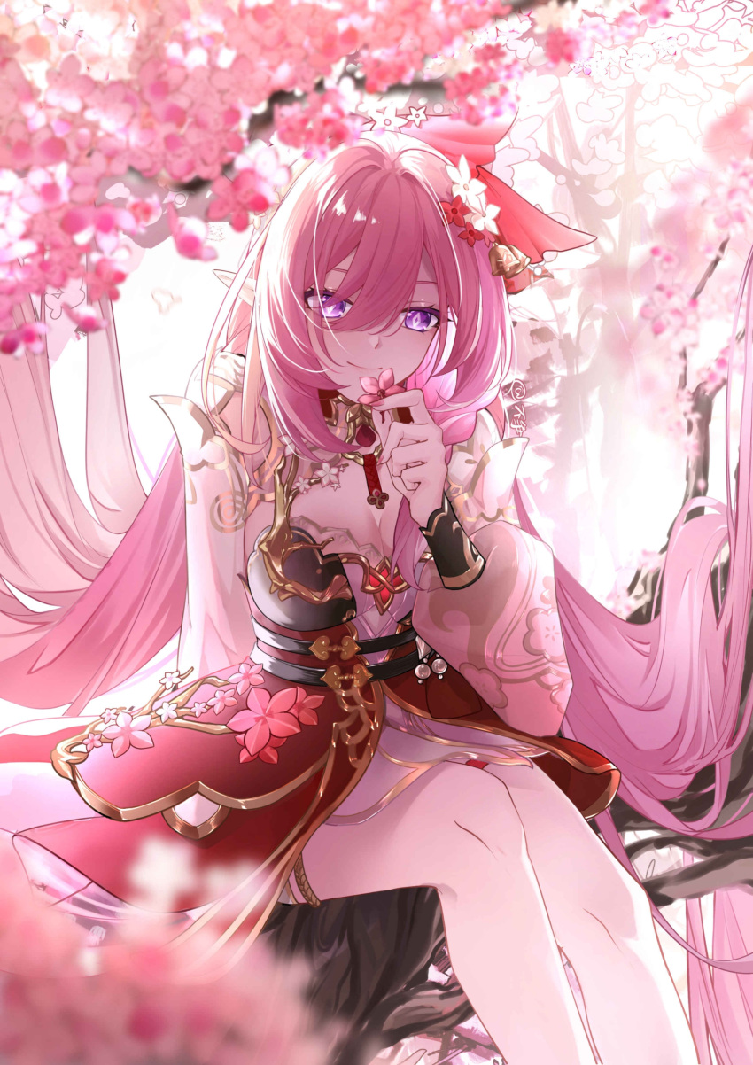 absurdres bare_legs bell branch breasts buzheng61241 cherry_blossoms cleavage dress elysia_(herrscher_of_human:_ego)_(honkai_impact) elysia_(honkai_impact) elysia_(peachy_spring)_(honkai_impact) female flower hair_between_eyes hair_flower hair_ornament hand_on_own_chin highres honkai_(series) honkai_impact_3rd long_hair long_sleeves looking_at_viewer pink_eyes pink_hair pink_pupils puffy_sleeves red_dress sitting sitting_on_branch solo very_long_hair