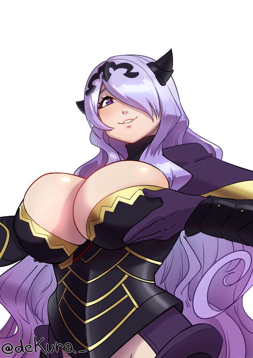 armor breasts camilla_(fire_emblem) cleavage dekura female fire_emblem fire_emblem_fates grabbing_own_breast grin hair_over_one_eye highres large_breasts long_hair nintendo purple_eyes purple_hair smile solo