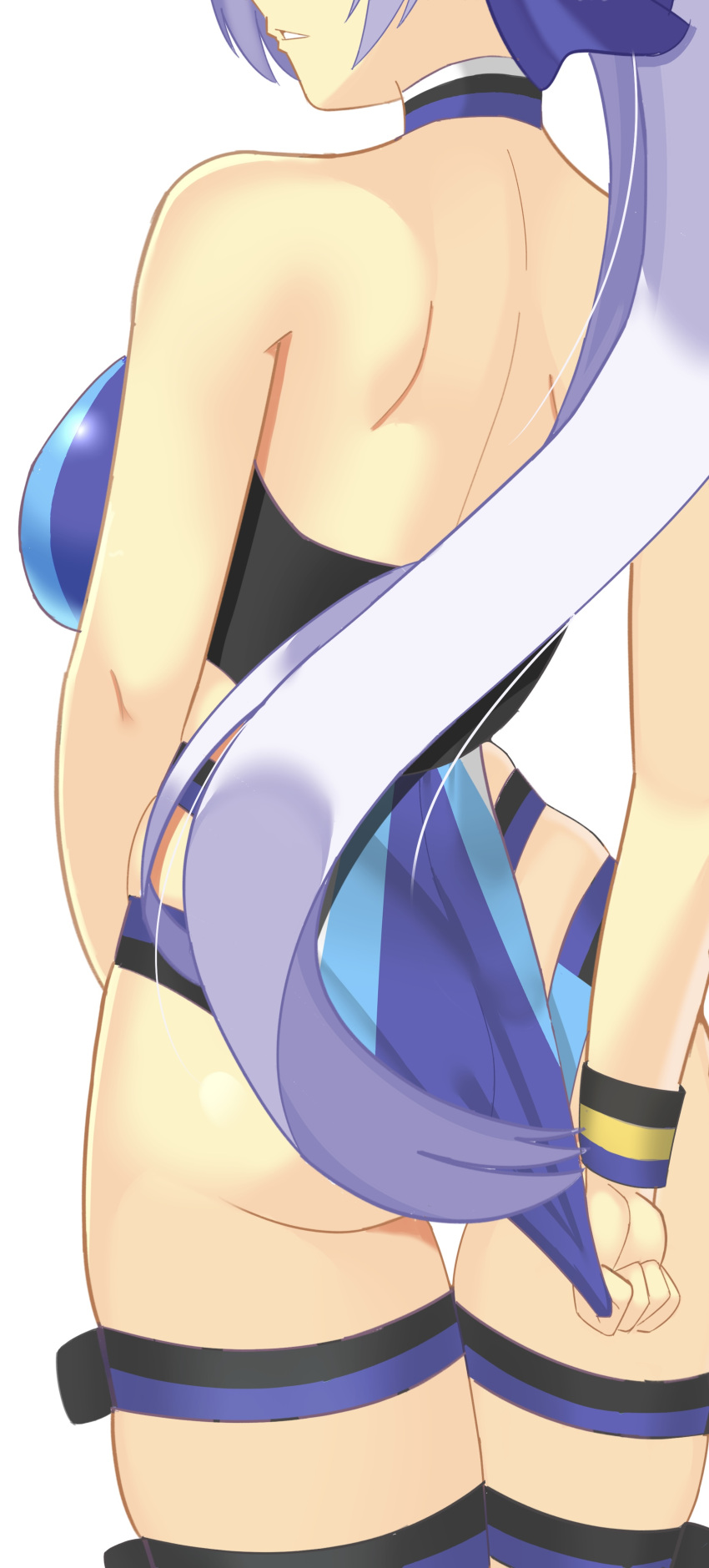 absurdres ass back bare_shoulders blue_bow blue_one-piece_swimsuit bow breasts fate/grand_order fate_(series) female hairbow highleg highleg_one-piece_swimsuit highres large_breasts long_hair megi_(zdsw2323) one-piece_swimsuit parted_lips ponytail solo swimsuit thigh_strap thighs tomoe_gozen_(fate) tomoe_gozen_(swimsuit_saber)_(fate) tomoe_gozen_(swimsuit_saber)_(first_ascension)_(fate) two-tone_swimsuit white_hair white_one-piece_swimsuit wristband