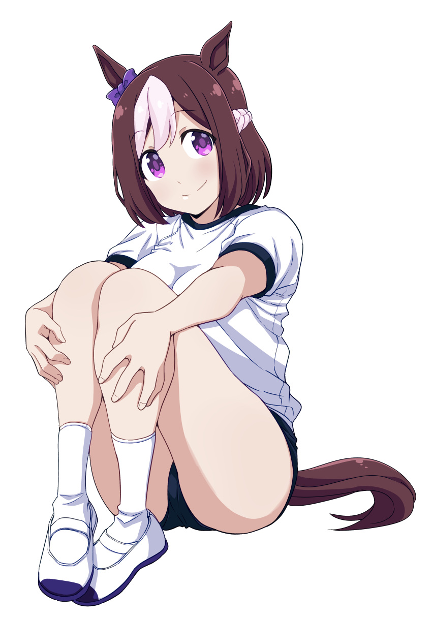 absurdres animal_ears black_buruma bob_cut bow braid brown_hair buruma closed_mouth commentary crown_braid ear_bow female full_body gym_shirt gym_uniform highres horse_ears horse_girl horse_tail hugging_own_legs long_hair looking_at_viewer multicolored_hair ponzu_rui purple_eyes shirt shoes short_hair short_sleeves simple_background sitting smile socks solo special_week_(umamusume) t-shirt tail two-tone_hair umamusume uwabaki white_background white_footwear white_hair white_shirt white_socks