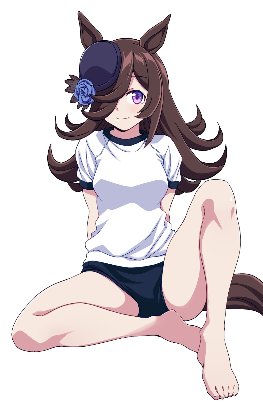 absurdres animal_ears arms_behind_back barefoot black_buruma black_hair blue_flower blue_hat blue_rose buruma butterfly_sitting closed_mouth commentary female flower full_body gym_shirt gym_uniform hair_over_one_eye hat hat_flower highres horse_ears horse_girl horse_tail knee_up long_hair looking_at_viewer ponzu_rui purple_eyes rice_shower_(umamusume) rose shirt short_sleeves simple_background sitting smile solo t-shirt tail tilted_headwear umamusume white_background white_shirt