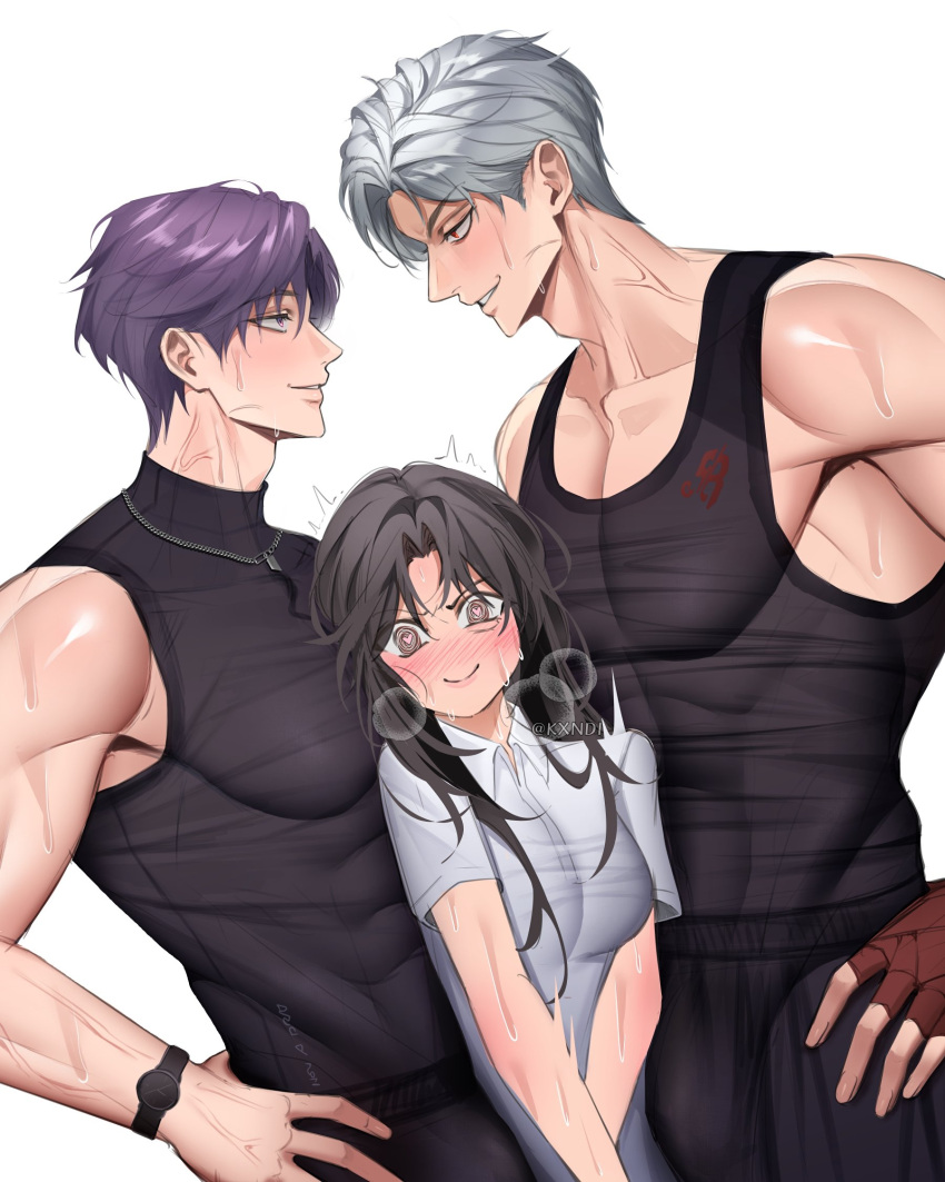 2boys @_@ artist_self-insert bare_arms bare_shoulders between_pectorals black_hair boy_sandwich bulge closed_mouth covered_abs covered_pectorals eye_contact face-to-face female fingerless_gloves gloves grey_background grey_hair head_between_pecs heart heart-shaped_pupils height_difference highres jewelry kxndi long_hair looking_at_another looking_at_viewer love_and_deepspace multiple_boys muscular muscular_male necklace nervous parted_lips pectorals protagonist_(love_and_deepspace) purple_eyes purple_hair rafayel_(love_and_deepspace) red_eyes rivalry sandwiched shirt short_hair short_sleeves simple_background smile straight sweat sylus_(love_and_deepspace) symbol-shaped_pupils veins veiny_neck watch wristwatch