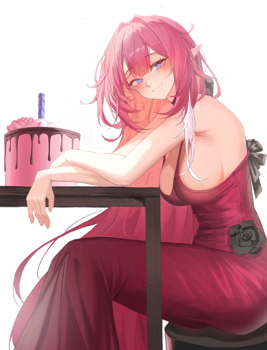 absurdres alternate_costume arms_on_table birthday_cake black_choker black_flower black_ribbon black_rose blue_eyes breasts cake chair choker closed_mouth commentary double-parted_bangs dress elysia_(honkai_impact) english_commentary female flower food from_side hair_intakes head_tilt highres honkai_(series) honkai_impact_3rd jinnnnnn23 large_breasts long_dress long_hair looking_at_viewer pink_hair pink_pupils pointy_ears red_dress ribbon ribbon_choker rose simple_background sitting sleeveless sleeveless_dress smile solo straight_hair table tsurime very_long_hair white_background white_hair white_streaks