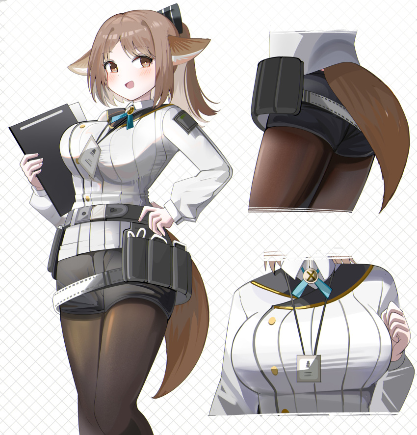 :d absurdres animal_ears arknights belt black_belt black_shorts blue_ribbon blush breasts bright_pupils brown_eyes brown_hair brown_pantyhose brown_tail female hand_on_own_hip hand_up highres holding lanyard large_breasts long_sleeves medium_hair multiple_views neck_ribbon official_alternate_costume open_mouth pantyhose perfumer_(arknights) perfumer_(species_plantarum)_(arknights) ponytail ribbon shirt short_shorts shorts smile solo spam_(spamham4506) tail white_background white_pupils white_shirt