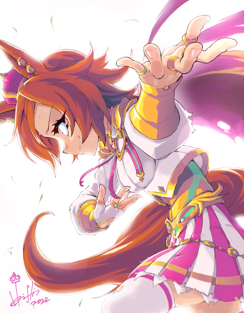 2022 5_fingers animal_humanoid bottomwear bowing clothed clothing crown cygames equid equid_humanoid equine equine_humanoid female fingers hair headgear hi_res horishin horse_humanoid humanoid legwear mammal mammal_humanoid orange_hair ring simple_background skirt solo t.m._opera_o_(pretty_derby) thigh_highs uma_musume_pretty_derby white_background