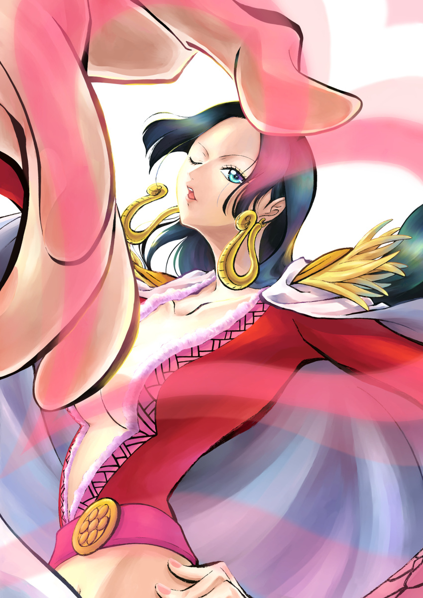 black_hair boa_hancock breasts cape cleavage crop_top earrings epaulettes eyelashes female hand_on_own_hip heart highres jewelry long_hair looking_at_viewer mixed-language_commentary monkey_d._luffy one_piece open_mouth pink_nails plunging_neckline red_shirt shirt sidelocks snake_earrings tatman upper_body white_background white_cape