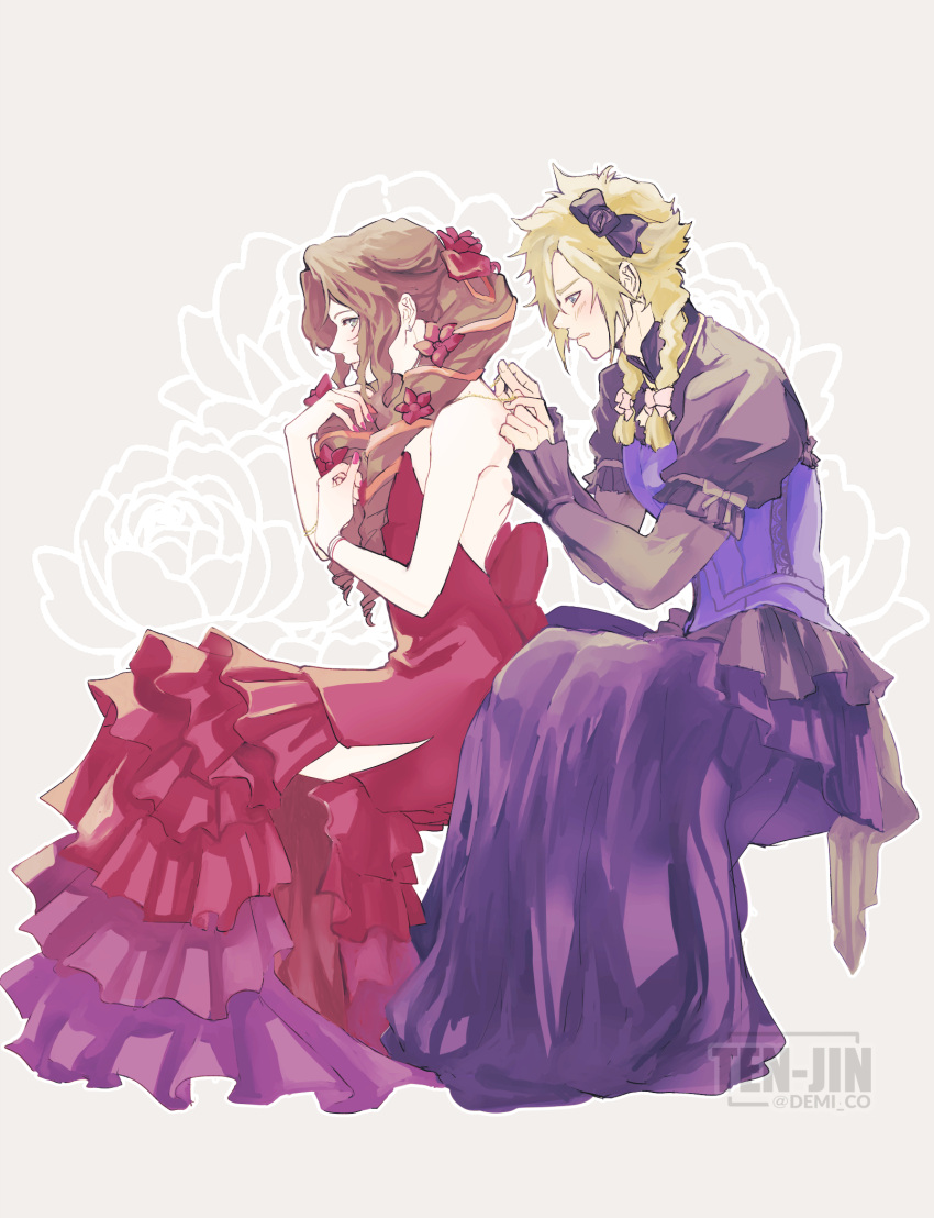 1boy aerith_gainsborough aerith_gainsborough_(red_dress) back_bow backless_dress backless_outfit bare_shoulders black_bow black_dress blonde_hair blue_corset blue_eyes blush bow bracelet braid breasts brown_hair cloud_strife cloud_strife_(blue_dress) corset crossdressing demi_co dress female final_fantasy final_fantasy_vii final_fantasy_vii_remake flamenco_dress flower frilled_dress frills green_eyes grey_background hair_between_eyes hair_flower hair_ornament hair_over_shoulder hair_ribbon hairbow highres jewelry long_dress long_hair medium_breasts official_alternate_costume parted_bangs pink_bow puffy_short_sleeves puffy_sleeves putting_on_jewelry red_dress red_flower red_ribbon ribbon short_sleeves side_slit sidelocks sitting spiked_hair straight strapless strapless_dress twin_braids twitter_username wavy_hair