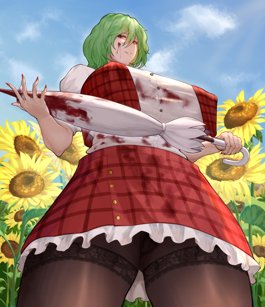 absurdres black_pantyhose blood blood_on_clothes blood_on_face blue_sky breasts buttons closed_umbrella cowboy_shot day dress_shirt eversatellites female field flower flower_field frilled_skirt frills from_below green_hair hair_between_eyes highres holding holding_umbrella huge_breasts kazami_yuuka leaf looking_at_viewer looking_back open_clothes open_mouth open_vest outdoors pantyhose puffy_short_sleeves puffy_sleeves red_eyes red_skirt red_vest shirt short_hair short_sleeves skirt sky solo sunflower touhou umbrella vest white_shirt white_umbrella yellow_flower