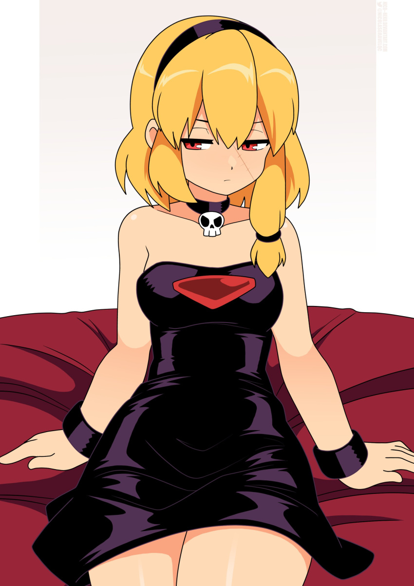 absurdres bare_shoulders black_dress blonde_hair breasts cowboy_shot dress female highres medium_breasts mega_man_(classic) mega_man_(series) nico-neko original piano_(srnhuyuno) red_eyes scar scar_on_face sitting solo strapless strapless_dress