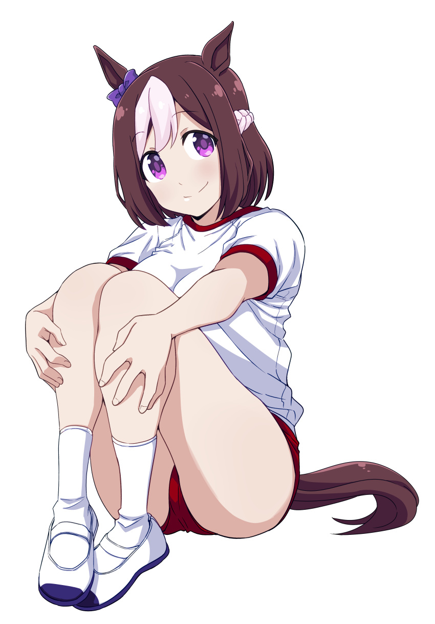 absurdres animal_ears bob_cut bow braid brown_hair buruma closed_mouth commentary crown_braid ear_bow female full_body gym_shirt gym_uniform highres horse_ears horse_girl horse_tail hugging_own_legs long_hair looking_at_viewer multicolored_hair ponzu_rui purple_eyes red_buruma shirt shoes short_hair short_sleeves simple_background sitting smile socks solo special_week_(umamusume) t-shirt tail two-tone_hair umamusume uwabaki white_background white_footwear white_hair white_shirt white_socks