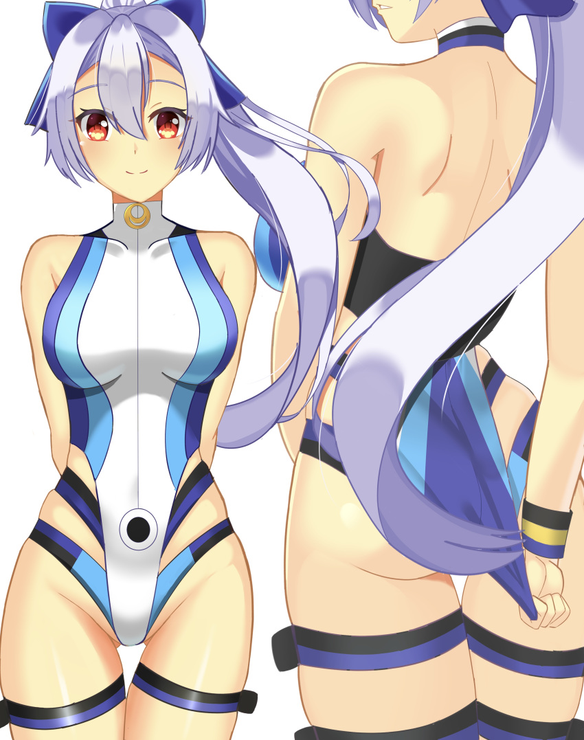 absurdres arms_behind_back ass back bare_shoulders blue_bow blue_one-piece_swimsuit bow breasts fate/grand_order fate_(series) female hair_between_eyes hairbow highleg highleg_one-piece_swimsuit highres large_breasts long_hair looking_at_viewer megi_(zdsw2323) multiple_views one-piece_swimsuit parted_lips ponytail red_eyes smile swimsuit thigh_strap thighs tomoe_gozen_(fate) tomoe_gozen_(swimsuit_saber)_(fate) tomoe_gozen_(swimsuit_saber)_(first_ascension)_(fate) two-tone_swimsuit white_hair white_one-piece_swimsuit wristband