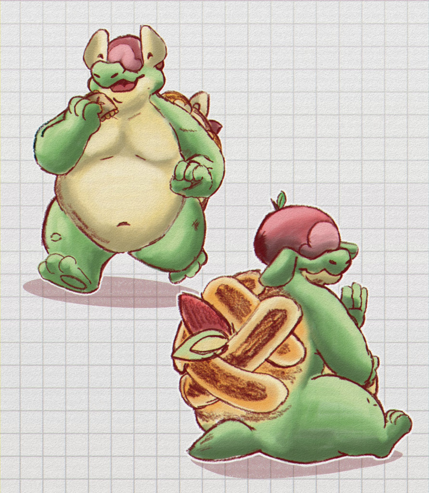 06junior11 2023 4_fingers appletun belly big_belly biped fingers food generation_8_pokemon green_body hi_res navel nintendo open_mouth overweight pokemon pokemon_(species) sitting solo walking