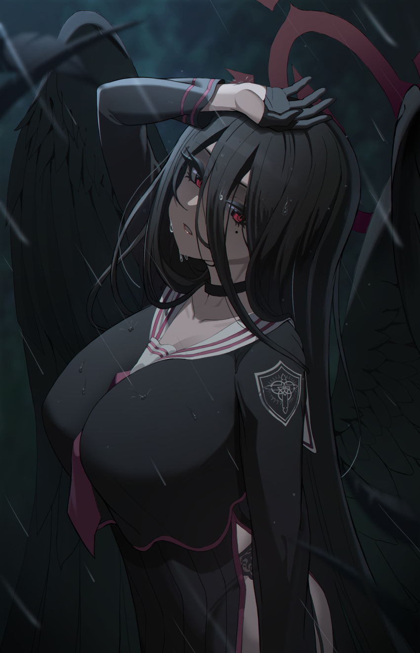 absurdres arm_up black_hair black_wings blue_archive breasts choker feathered_wings female gogiwaffle hair_between_eyes halo hasumi_(blue_archive) highres large_breasts large_wings long_hair looking_at_viewer low_wings mole mole_under_eye night outdoors rain red_eyes red_halo shirt solo very_long_hair wings