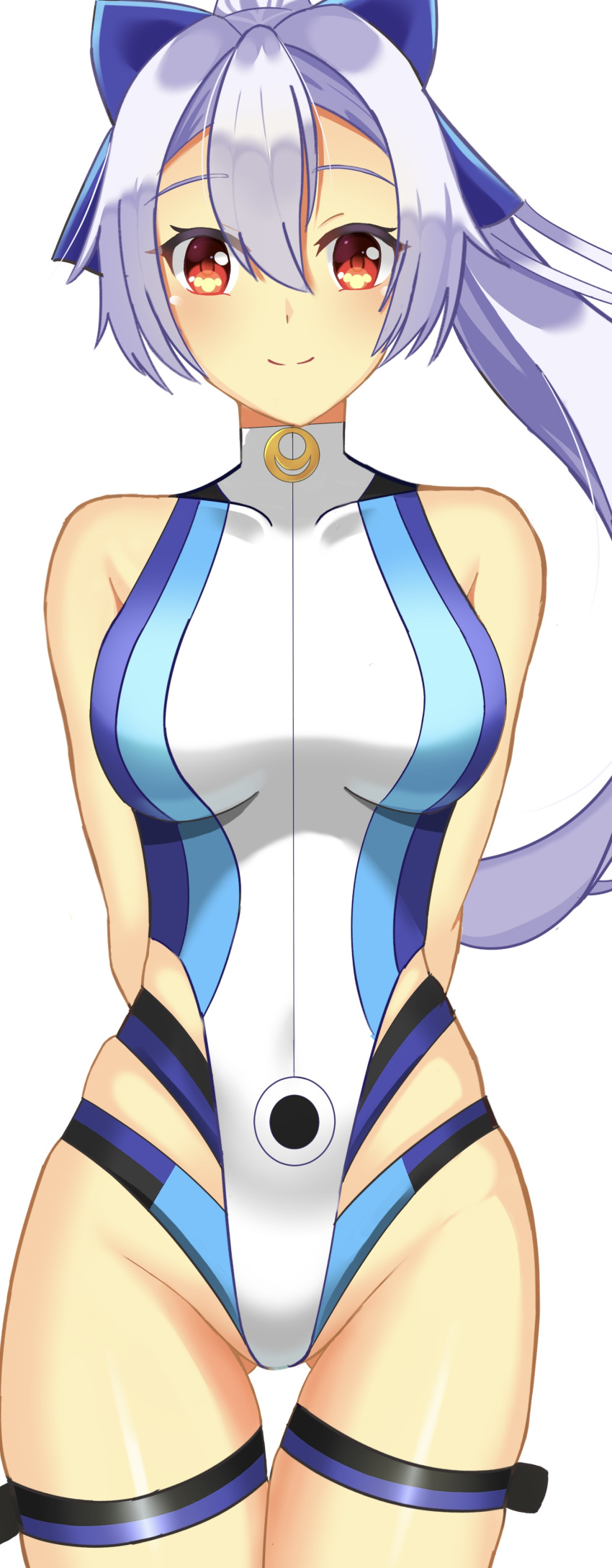 absurdres arms_behind_back bare_shoulders blue_bow blue_one-piece_swimsuit bow breasts fate/grand_order fate_(series) female hair_between_eyes hairbow highleg highleg_one-piece_swimsuit highres large_breasts long_hair looking_at_viewer megi_(zdsw2323) one-piece_swimsuit ponytail red_eyes smile solo swimsuit thigh_strap thighs tomoe_gozen_(fate) tomoe_gozen_(swimsuit_saber)_(fate) tomoe_gozen_(swimsuit_saber)_(first_ascension)_(fate) two-tone_swimsuit white_hair white_one-piece_swimsuit