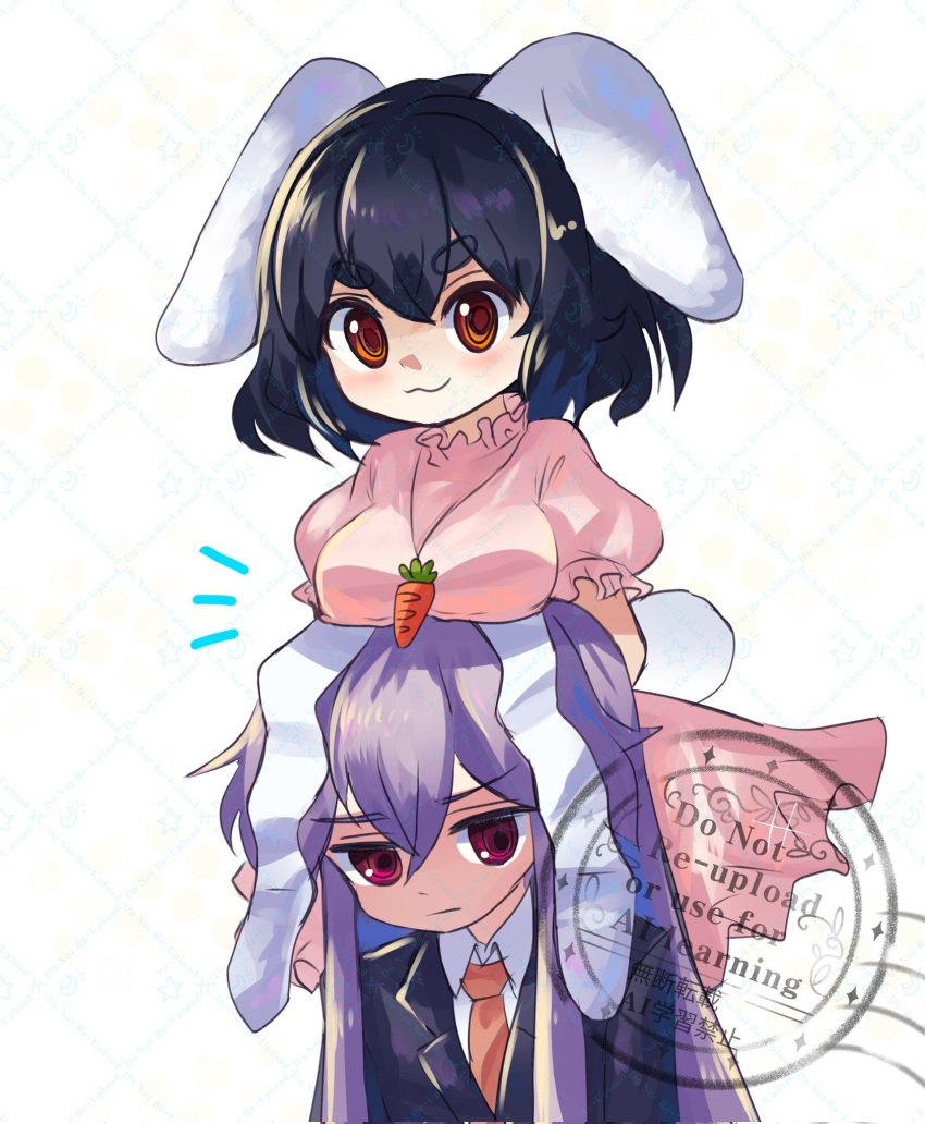 2girls :3 animal_ears black_hair black_jacket blazer blush breast_rest breasts breasts_on_head carrot_necklace closed_mouth collared_shirt commentary_request dress grid_background hair_between_eyes highres inaba_tewi jacket jewelry long_hair long_sleeves looking_at_viewer medium_breasts medium_hair multiple_girls necklace necktie notice_lines orange_eyes orange_necktie pink_dress plus2sf purple_hair rabbit_ears rabbit_girl rabbit_tail red_eyes reisen_udongein_inaba ringed_eyes shirt smile tail thick_eyebrows touhou upper_body v-shaped_eyebrows very_long_hair watermark white_shirt