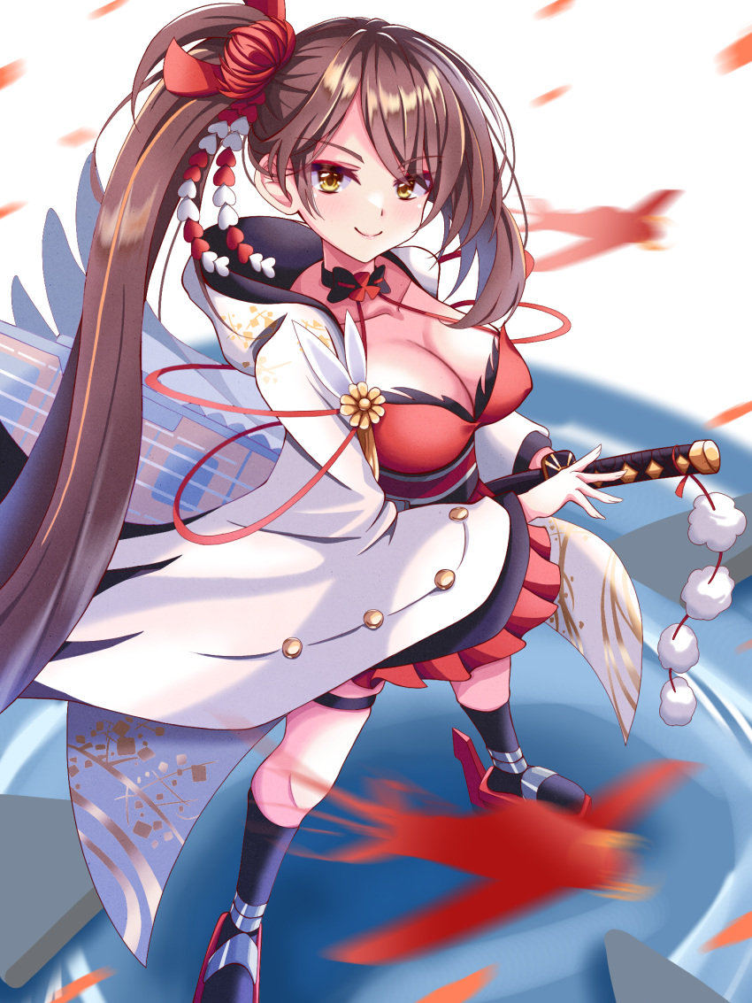 aircraft airplane azur_lane bare_shoulders black_socks breasts brown_hair cleavage closed_mouth criss-cross_halter dress eyeshadow female fighting_stance flight_deck hair_ornament halter_dress halterneck high_ponytail highres holding holding_sword holding_weapon japanese_clothes kanzashi katana kimono kneehighs kokonoe910 large_breasts long_hair long_sleeves machinery makeup obi open_clothes pleated_dress ponytail ready_to_draw red_dress red_eyeshadow rigging rudder_footwear sash sheath shikigami side_ponytail sleeveless sleeveless_turtleneck smile socks solo standing sword thigh_strap tsumami_kanzashi turtleneck very_long_hair weapon white_kimono wide_sleeves zuikaku_(azur_lane)