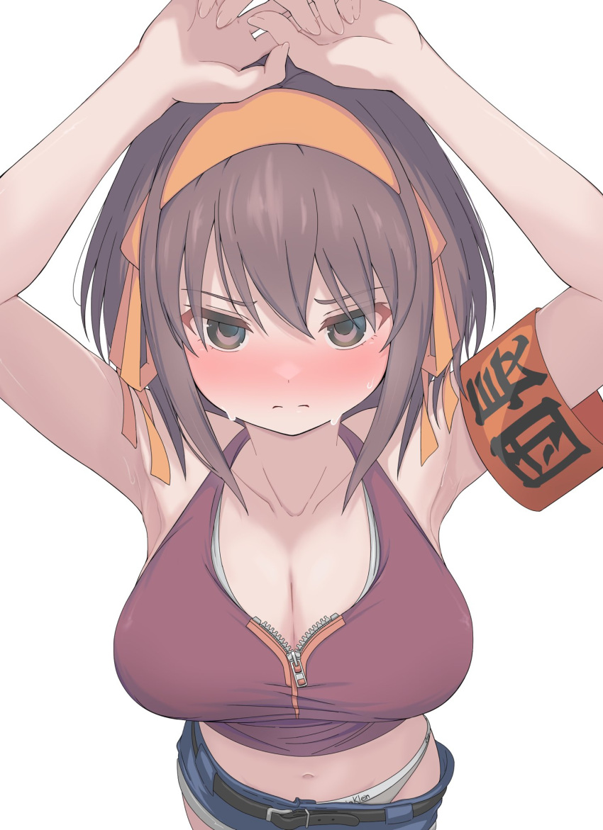 armband armpits arms_up blush breasts brown_eyes brown_hair cleavage closed_mouth collarbone cowboy_shot crop_top denim denim_shorts embarrassed eyes_visible_through_hair female foreshortening from_above full-face_blush grey_panties hair_between_eyes hair_ribbon hairband highres large_breasts looking_at_viewer medium_hair midriff navel nose_blush orange_hairband orange_ribbon own_hands_together panties rai_iceblast red_armband red_shirt ribbon sanpaku shirt shorts simple_background solo split_mouth suzumiya_haruhi suzumiya_haruhi_no_yuuutsu sweat underwear unzipped v-shaped_eyebrows white_background zipper