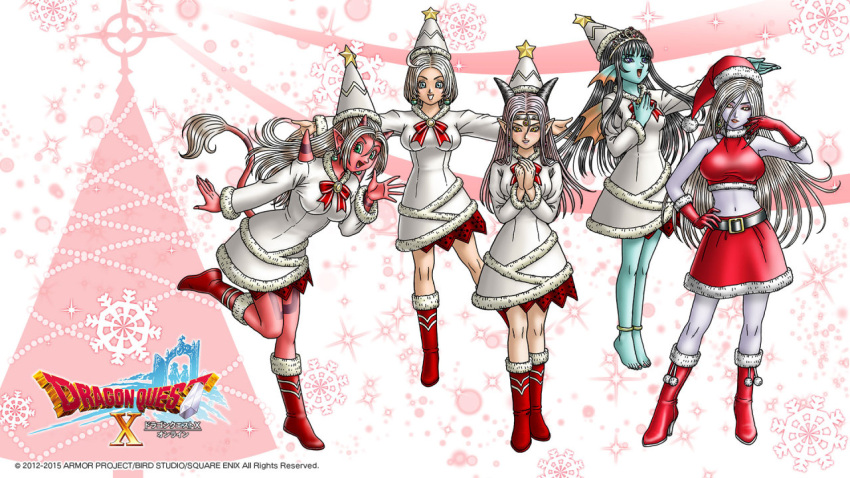 5girls artist_request back_fin barefoot belt black_belt black_horns blue_skin bob_cut boots bow breasts christmas colored_skin copyright_logo copyright_name cropped_shirt dragon_girl dragon_quest dragon_quest_x dress dress_bow earrings estella_(dq10) fins fish_girl floating_hair fur_trim gloves gold_anklet gratzel_(dq10) green_eyes hand_on_own_hip hat hat_ornament head_fins horns jewelry large_breasts leg_up long_hair looking_at_viewer looking_to_the_side maiyu_(dq10) medium_breasts multiple_girls music navel official_art official_wallpaper ogre_(dq10) open_mouth own_hands_together parted_hair pink_hair pointy_ears purple_eyes purple_skin red_bow red_footwear red_gloves red_lips red_skin red_skirt riin_(dq10) seria_(dq10) short_hair shoulder_spikes silver_circlet singing skirt sleeveless sleeveless_turtleneck smile spikes star_(symbol) star_hat_ornament tail third-party_source tiara turtleneck waving weddie_(dq10) white_dress white_hair white_hat yellow_eyes