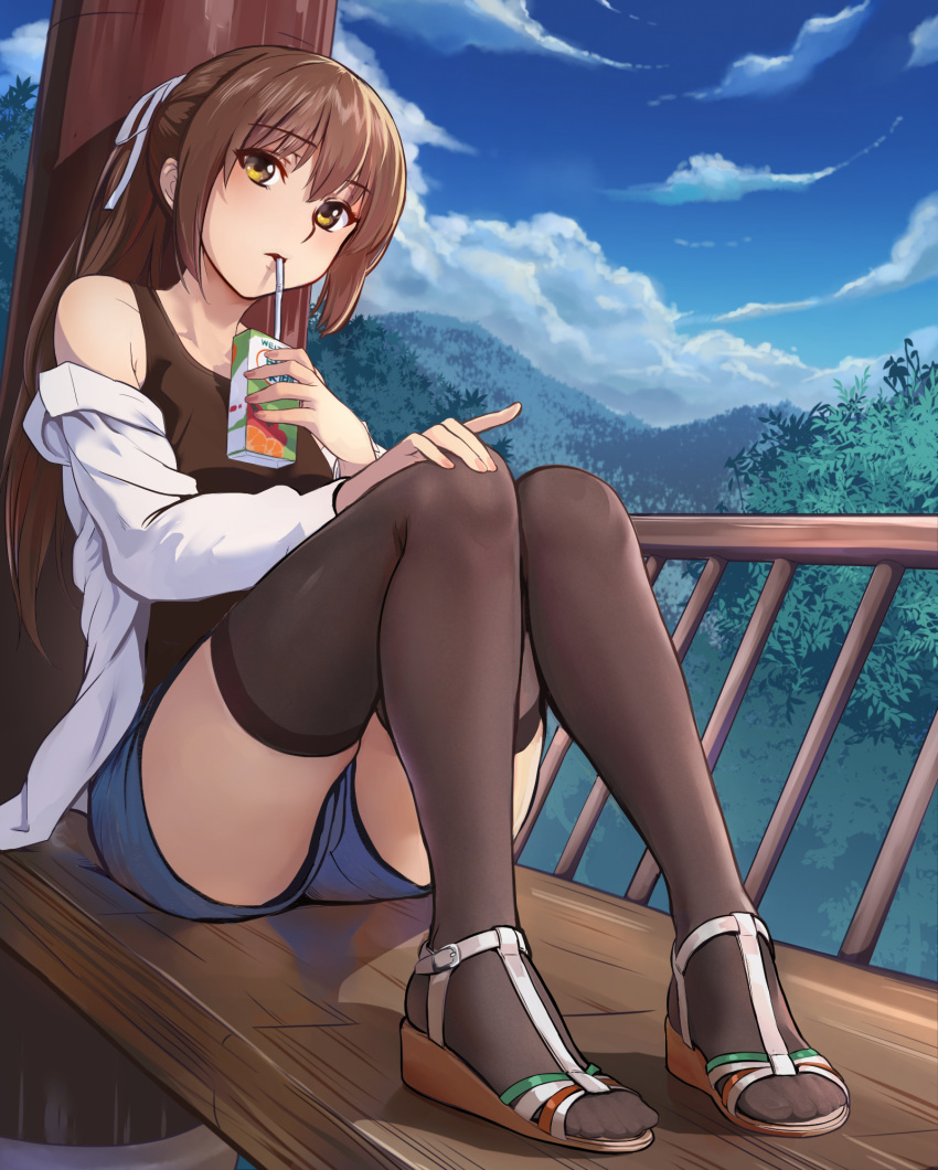 bare_shoulders black_thighhighs brown_hair chinese_commentary cloud commentary day drinking drinking_straw feet female full_body hair_ribbon highres juice_box knees_together_feet_apart legs long_hair original outdoors ponytail ribbon sandals short_shorts shorts sidelocks sitting sky solo thighhighs wedge_heels yellow_eyes yewang19 yu_xuan_(yewang19)