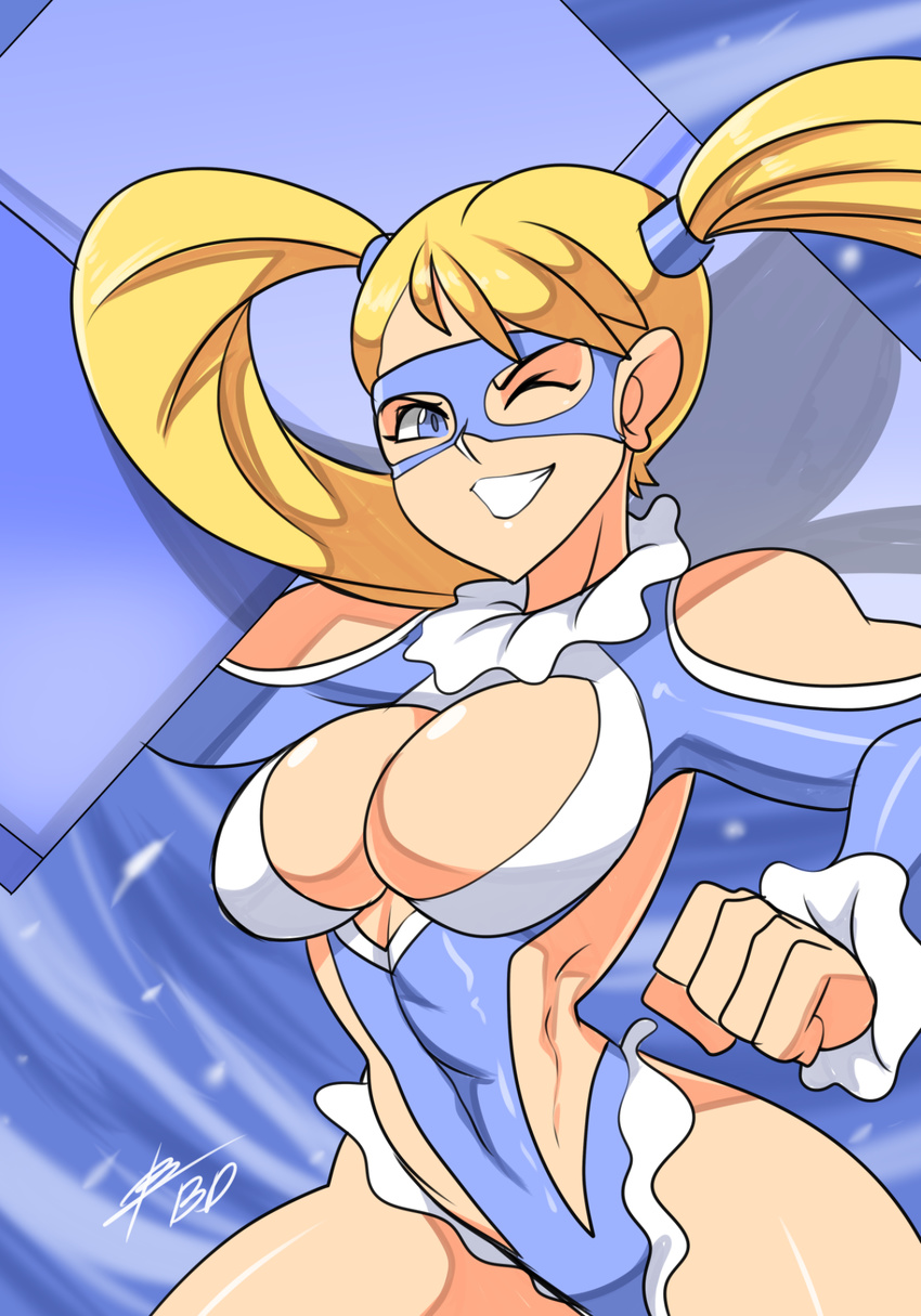 ;d bad_id bad_tumblr_id bigdead blonde_hair blue_eyes blue_leotard breasts cleavage cleavage_cutout clothing_cutout evolution_championship_series female grin hair_pulled_back highres large_breasts leotard long_hair mask one_eye_closed open_mouth rainbow_mika smile solo street_fighter street_fighter_v twintails