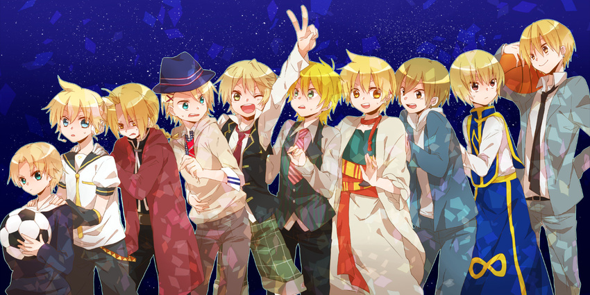 6+boys ali_baba_saluja aoto_gonzales_takuma aqua_eyes bad_id bad_pixiv_id ball basketball basketball_(object) blonde_hair blue_eyes blush brown_eyes coat color_connection crossover durarara!! edward_elric fullmetal_alchemist ginga_e_kickoff!! green_eyes hair_color_connection hat hood hoodie hunter_x_hunter kagamine_len kida_masaomi kise_ryouta kurapika kurenai_ouji kuroko_no_basuke kurusu_shou long_hair magi_the_labyrinth_of_magic male_focus multiple_boys necktie one_eye_closed oz_vessalius pandora_hearts ponytail sakura_kojirou school_uniform short_hair soccer_ball sweat telstar trait_connection uta_no_prince-sama v vest vocaloid yamabukiiro yellow_eyes