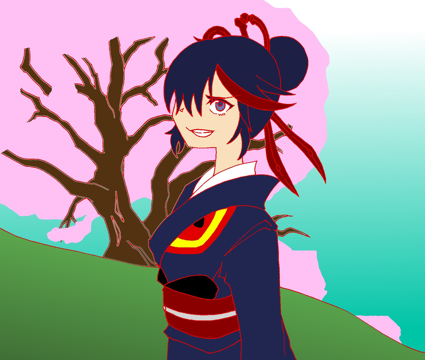 adapted_costume alternate_hairstyle bad_id bad_pixiv_id black_hair cherry_blossoms female gimp_(medium) hair_bun hair_ornament hair_over_one_eye highres japanese_clothes kill_la_kill kimono matoi_ryuuko obi sash scissor_blade_(kill_la_kill) scissors senketsu short_hair single_hair_bun solo tkool_man