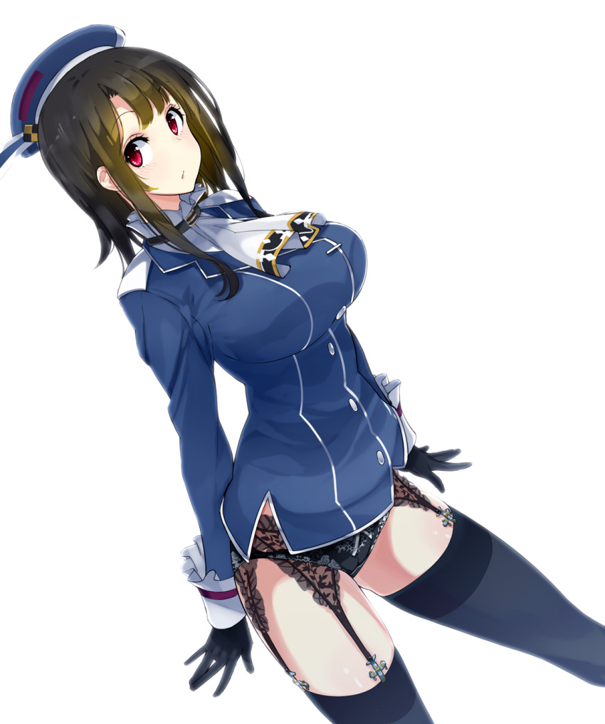 :o airplane_ornament amami_amayu arms_behind_back beret black_gloves black_hair black_panties black_thighhighs blue_hat blush breasts commentary cowboy_shot female garter_belt gloves hair_between_eyes hat highres impossible_clothes kantai_collection large_breasts lingerie long_hair long_sleeves looking_at_viewer military military_uniform no_pants open_mouth panties photoshop_(medium) red_eyes short_hair short_hair_with_long_locks sidelocks simple_background solo standing takao_(kancolle) thighhighs thighs underwear uniform white_background