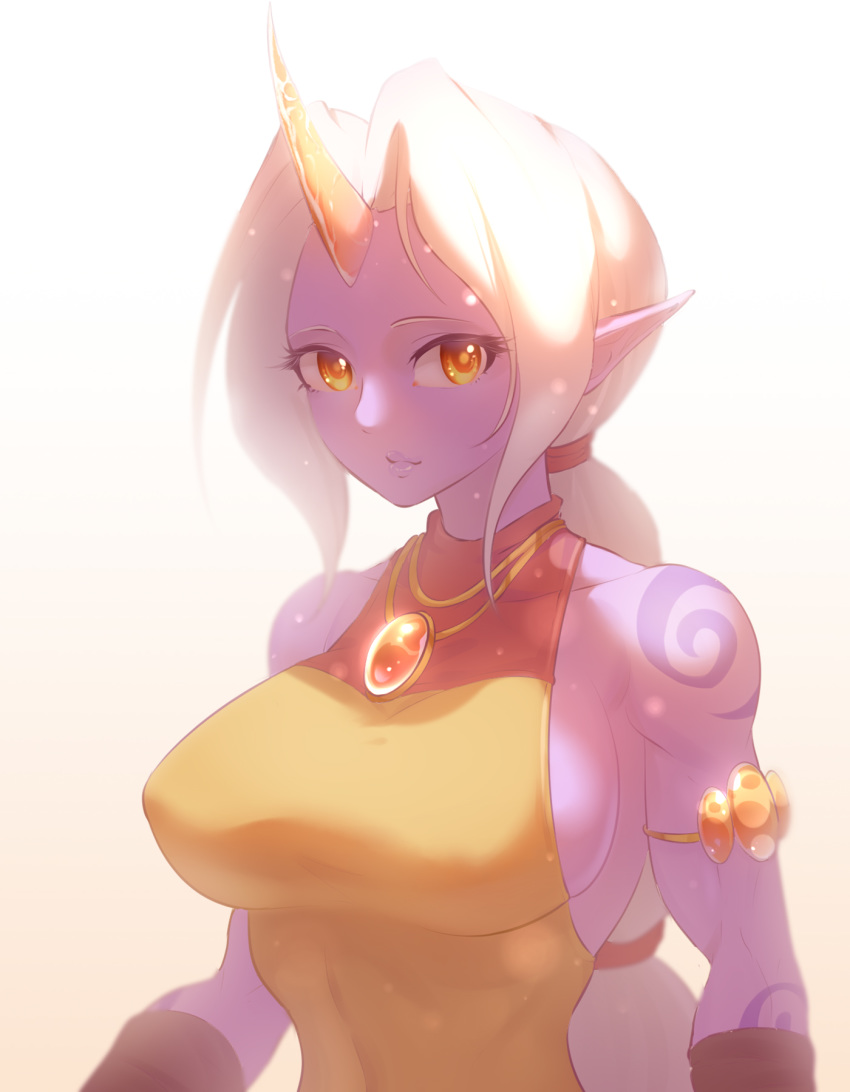 armband armlet breasts colored_skin commentary_request female gem highres horns jewelry large_breasts league_of_legends long_hair looking_at_viewer nanquan_zhanglang necklace pointy_ears ponytail purple_skin sideboob single_horn solo soraka_(league_of_legends) tattoo very_long_hair white_background white_hair yellow_eyes