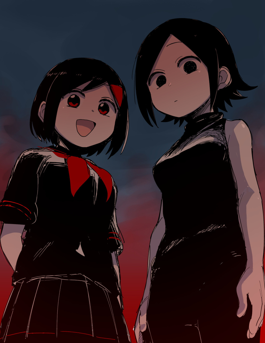 2girls absurdres anemanta_(character) ascot black_hair black_shirt black_skirt breasts expressionless hair_ornament hairclip highres katou-chan_(shiromanta) large_breasts looking_at_viewer looking_down medium_breasts multiple_girls open_mouth original red_eyes school_uniform shiromanta shirt short_hair skirt sleeveless smile